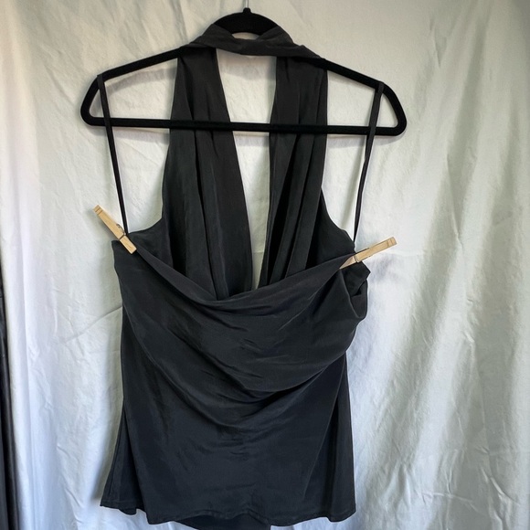 BCBGMAXAZRIA Black Silk Halter Top with Cowl Neck and Open Back - Women’s Large - Picture 3 of 4
